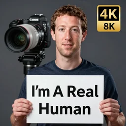 Mark Zuckerberg holding a sign saying I'm A Real Human, highly detailed, high quality, HD, 4k, 8k, Canon 300mm, professional photographer, 40mp, lifelike, top-rated, award winning, realistic, sharp, no blur, edited, corrected, trending