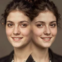 edwardian photograph of a beautiful woman, elegant, symmetrical, staring at the camera, very grainy, 1900s, realistic, 1910s, close-up portrait, innocent smile, slightly blurry