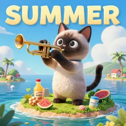 summer universal noisy island height siamese cat trumpet death metal album cover vinegar, isometric 3 d, ultra hd, character design by mark ryden and pixar and hayao miyazaki, unreal 5, daz, hyperrealistic, octane render, cosplay, rpg portrait, dynamic lighting, intricate detail, summer vibrancy, cinematic