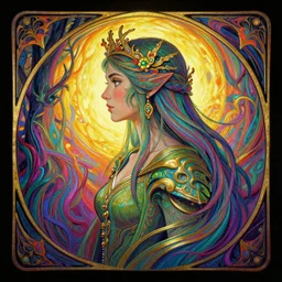 side profile centered painted portrait, elisha cuthbert as female tea ore forest druid, d & d, gloomhaven, matte painting concept art, art nouveau, beautifully backlit, swirly vibrant color lines, fantastically gaudy, aesthetic octane render, 8 k hd resolution, by ilya kuvshinov and cushart krentz and gilleard james