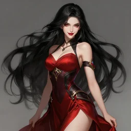 a highly detailed illustration of long black hair white woman wearing a red and black dress, dramatic smile pose, intricate, elegant, highly detailed, centered, digital painting, artstation, concept art, smooth, sharp focus, league of legends concept art, WLOP