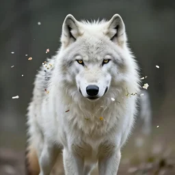 a white wolf with long hairs and flowers in them, flower petals flying around in the background, art by James Jean and Wayne Barlowe, high detail, cinematic, cgsociety 8k