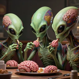 aliens brainsuckers in restarant eating brains, perfect face, fine details, colorful patterns, studio lighting, subtle shadows, art by katsuya terada, photorealism, hyper realism, octane render, hyper detailed, canon eos r 3, f / 1. 4, iso 2 0 0, 1 / 1 6 0 s, medium shot, 8 k, raw, unedited, in - frame,