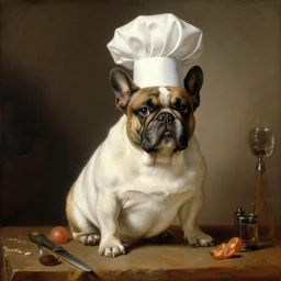 historic painting of a fat french bulldog chef