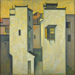 a painting of abstract buildings like chinese ancient village houses by alphonse mucha and yves tanguy