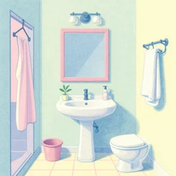 bathroom, korean surrealist illustration, moebius, risograph, 8 k pastel colors, trending on behance