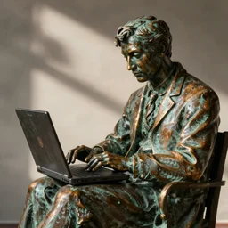 a bronze statue having problems with their laptop