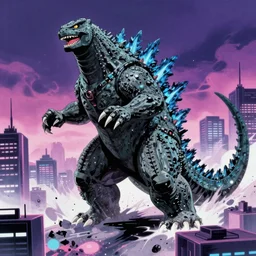 early 1 9 9 0 s japanese anime art of godzilla crashing through a vaporwave city.