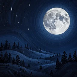 a beautiful landscape at night, big moon on the right, stars in the sky, matte painting, dark blue tones, high contrast, intricate details, concept art, 4 k