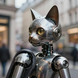 closeup profile photo of cat - headed humanoid metal robots taking over london, nicoletta ceccoli, mark ryden, lostfish, photography 4 k, f 1. 8 anamorphic, bokeh, 4 k, canon, nikon