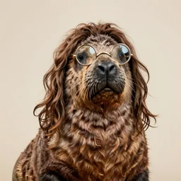 zoology portrait of a hippie walrus with long hair wearing round glasses like john lennon by jean - baptiste monge