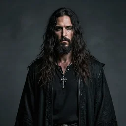 Jesus as black metal band leader, front view, realistic, Photograph, 4k