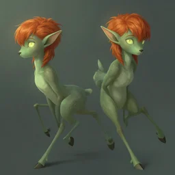 Short, elf, grey skin with a green undertone, orange/red hair, ears are 3 inches long ending at a point, their eyes are like a pale yellow light all iris (no black or white), uhhh they have deer like legs that bend backwards to allow for faster movement, and they are both masc and femme equally so I don’t have to choose a gender dramatic lighting, illustration by Greg rutkowski, yoji shinkawa, 4k, digital art, concept art, trending on artstation