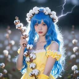 goddess of cotton, model pose, blue hair, yellow dress, crown of cotton flowers, beautiful symmetrical face!!!, cinematic lightning, rim light, sigma 8 5 mm, ross tran, greg rutkowski