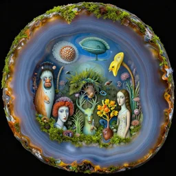 close up of moss agate with various biological ecosystem growing inside, insanely detailed, surrealist, hyper realistic, salvador dali, yves tanguy, paul delvaux, max ernst, rene magritte, meret elisabeth oppenheim, leonora carrington, remedios varo uranga, 8 k