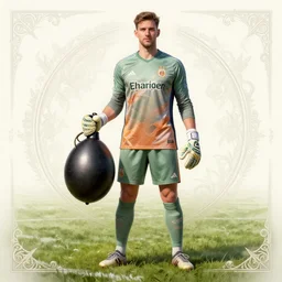Ter Stegen holding a bomb, goalkeeper, football pitch, D&D, fantasy, intricate, elegant, highly detailed, digital painting, artstation, concept art, matte, sharp focus, illustration, art by Artgerm and Greg Rutkowski and Alphonse Mucha