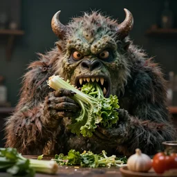 an image of a monster eating a vegetable, photorealistic, realistic, dramatic, cinematic, photography