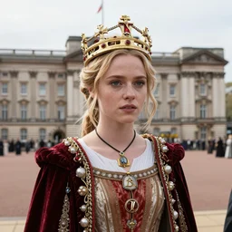 Katniss Everdeen wearing a crown, becoming Queen, at a coronation inside Buckingham Palace