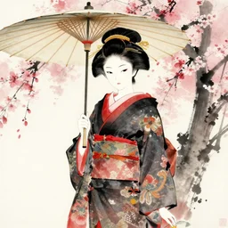 鬼 holding an umbrella, geisha, japanese girl, tokyo otaku mode, cherry blossom, sumi-e painting, digital illustration by Hiroshi Yoshida