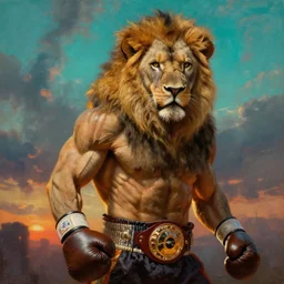 muscular lion as a boxer champion with boxing gloves  , full human hairy body , backlight  body , extreme very textured detailed panoramic portrait oil painting by rembrandt, sunset, dramatic clouds and cyan atmosphere