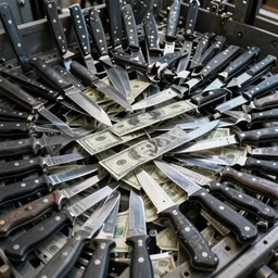 macron at the commands of a big machine full of knifes and dollar bills