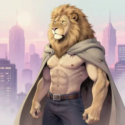 aesthetic portrait commission of a muscular, buff albino male furry anthro lion wearing a cloak and ripped open shirt as he overlooks a vaporwave city skyline with large lense flare visible. cozy and hazy soft pastel Atmosphere. Character design by charlie bowater, ross tran, artgerm, and makoto shinkai, detailed, inked, western comic book art, 2021 award winning painting