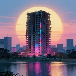 unfinished building by stanley spencer, tokyo morning sun lake magic realism neon signs synthwave lightpaint, archdaily, wallpaper, highly detailed, trending on artstation.