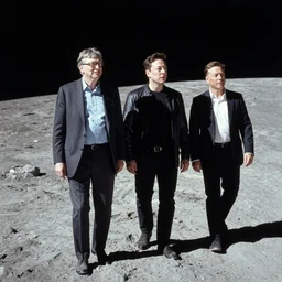 Bill Gates, Elon Musk and Jeff Bezos are walking on the moon, vintage photograph, 35mm photography - n 4