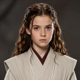 star wars portrait of a woman by greg rutkowski, jedi princess, brunette wavy hair with two strands around her face, wearing a the jedi robes, she is about 2 0 years old, detailed portrait, sharp foccus, artstation hq.