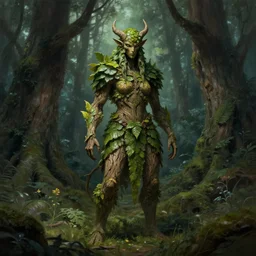 mos - covered wood spirit with skin of leaves and bark armor standing in a sacred grove. d & d fantasy art, digital painting, magical forest, 8 k resolution, dramatic lighting, full - length portrait.