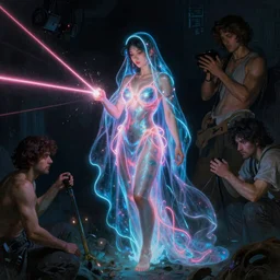 awe-inspiring award-winning concept art painting of attractive asian anglerfish nymph in neon shrouds as the goddess of lasers, sparks, by Michael Whelan, William Adolphe Bouguereau, John Williams Waterhouse, and Donato Giancola, cyberpunk, extremely moody lighting, glowing light and shadow, atmospheric, shadowy, cinematic, 8K,