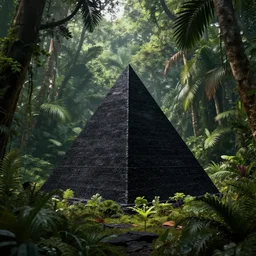 black pyramid in the jungle, plants environment, wide angle, cinematic lighting, atmospheric, realistic, octane render, highly detailed, in the style of craig mullins