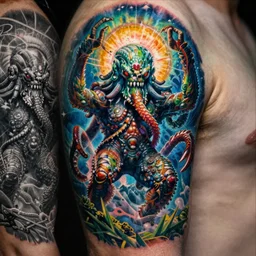 tattoo of cthulhu by reuben tam and kono michisei vivid colors and hyperrealistic