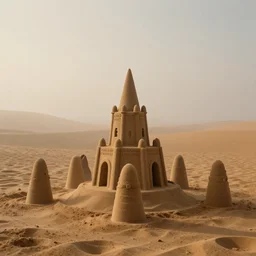a sand castle in a foggy desert, by jean delville and sophie anderson and mandy jurgens, moody atmosphere, cinematic atmospheric, cinematic lighting, golden ratio, perfect composition, elegant, no crop, extremely detailed, 4 k, hd, sharp focus, masterpiece, trending on artstation