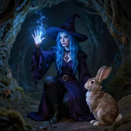 blue haired female witch casting a spell, magic, cave, rabbit sidekick, 8 k, cinematic lighting, art by greg rutkowski