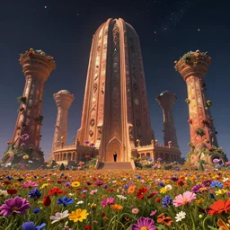 a beautiful cinematic view of a large up close 3 d mystical alien shrine in a field of multicolored flowers, underneath a star filled night sky, harold newton, zdzislaw beksinski, donato giancola, warm coloured, gigantic pillars and flowers, maschinen krieger, beeple, star trek, star wars, ilm, atmospheric perspective