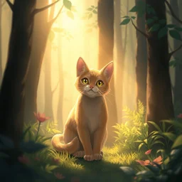 cat in the forest, warm lighting, digital art, trending on artstation, fanart, by kawacy