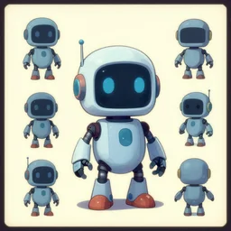 concept art sheet for cute robot character, from a lucasarts point and click 2 d graphic adventure game, art inspired by thomas kinkade