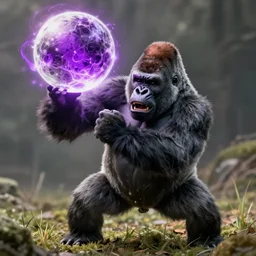 an angry gorilla charges a large purple white ball of energy above his upraised hands, photorealistic, cinematic
