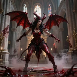 a demonic female creature battles astaroth in an abandoned church in the vatican, 8 k, soft lighting, hdr, octane render, cinematic, red fluid on walls of the church, creature design by yasushi nirasawa, smoke, photorealistic, bokeh