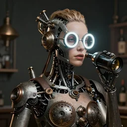 a beautiful intricate fine art portrait photo of a mechanical industrial steampunk cybernetic sommelier, by natalie shau and zach sutton, perfection!, studio lighting, 35mm lens, very detailed, ring light in the eyes, bionic, cybernetic scifi, deep depth of field, artstation, 8K, highly coherent