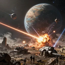 an epic space battle with a large planet in the background with lasers shooting and explosions happening in middle background, artstation