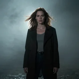 masterpiece full body portrait of Scully from the X-Files, hair blowing in the wind, eerie fog, dramatic lighting, 8k
