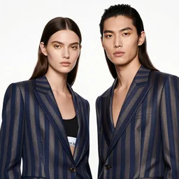 mid shot of male and female supermodel, calvin klein, armani, blue and gold striped suits, high key portrait, gold makeup
