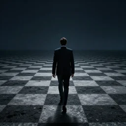 Disoriented CEO wanders a desolate, flat checkerboard land at night, surrealism, realism,