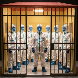 blue men group wearing hazmat suits in dollhouse jail