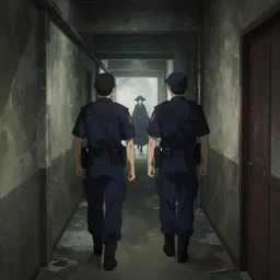 two policemen following a mage down a narrow dilapidated building hallway, dark lighting, long shot, yoh yoshinari anime, background by greg rutkowski