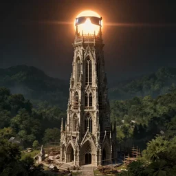 A dramatic solar eclipse over a medieval construction site for the tallest tower in the world. masterpiece 4k digital design by Takato Yamamoto, award winning, Artstation, Takato Yamamoto aesthetic, Neo-Gothic, gothic, forest on background, intricate details, realistic, hyperdetailed, 8k resolution