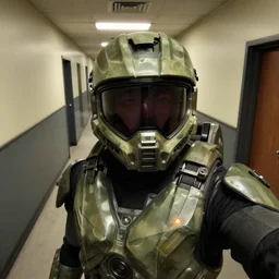Selfie of Master Chief in the backrooms, high resolution selfie photo, the backrooms hallway setting