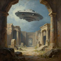 alien spaceship in ancient ruins, painting by Ferdinand Knab